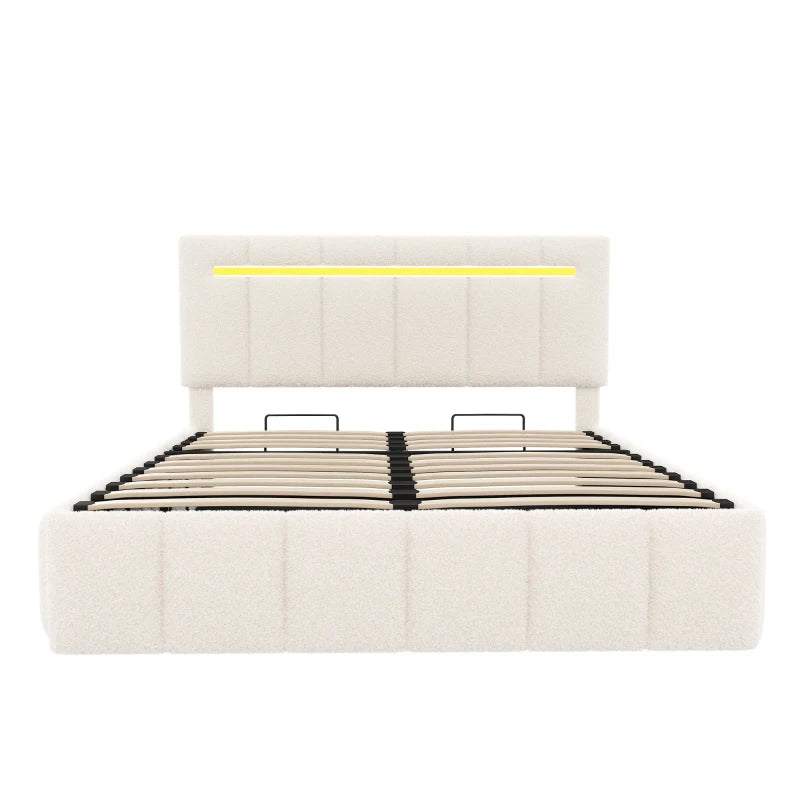 Double Upholstered Bed Frame with Hydraulic Storage and LED Headboard for Modern Bedrooms