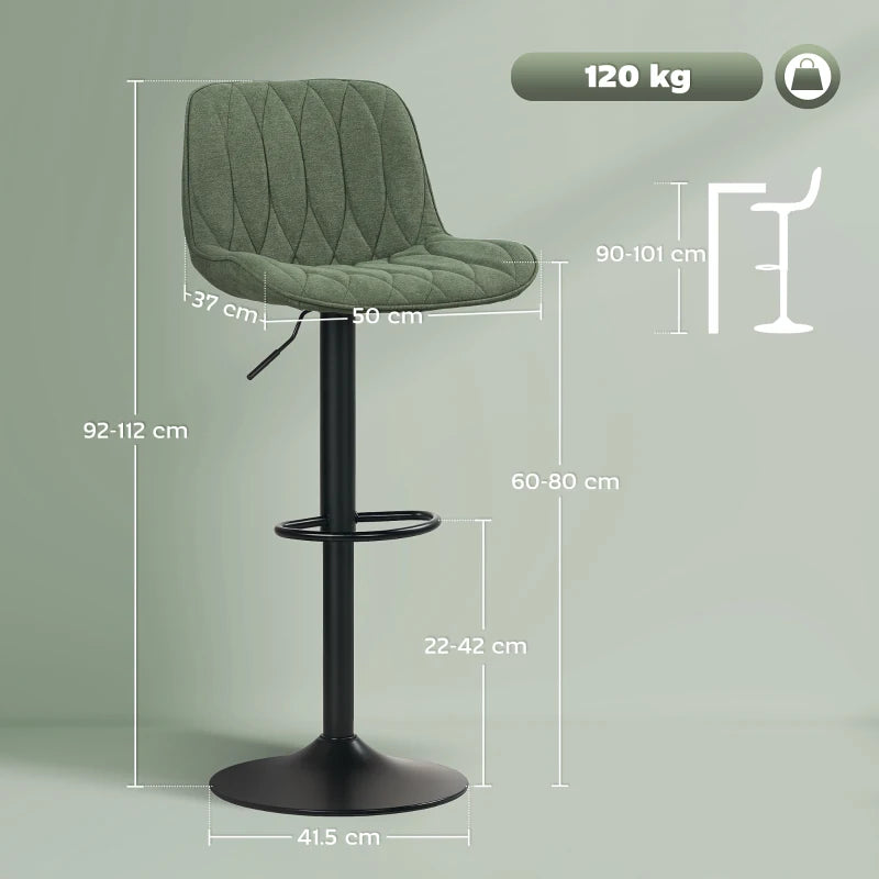 Adjustable Green Linen Breakfast Bar Stools Set of 2 | 60-80cm Height | Stylish & Comfortable Seating