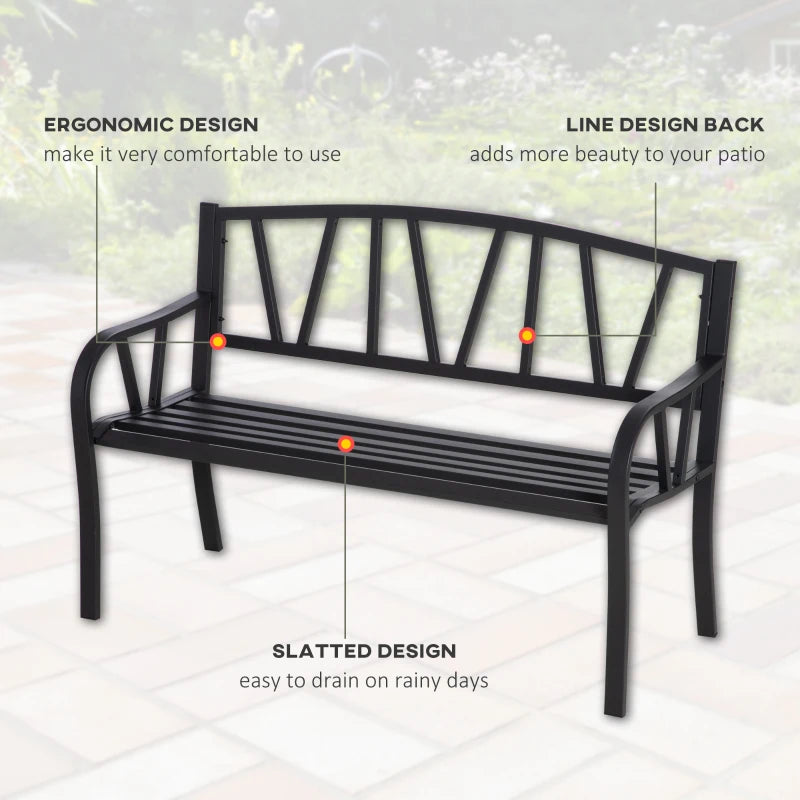 Metal Garden Loveseat Bench - 2-Seater, Decorative Backrest, Ergonomic Armrest - Black