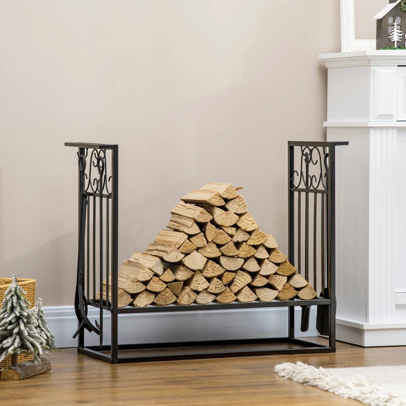 Steel Firewood Log Holder Rack - Indoor Outdoor Fireplace Wood Storage with Tools, Hooks, Rust-Resistant, Black, 75L x 30W x 60H cm