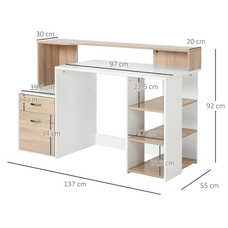 Large Oak Computer Desk with Drawers & Storage Shelves - Office Writing Table & Printer Stand for Home Office, 137x55x92cm
