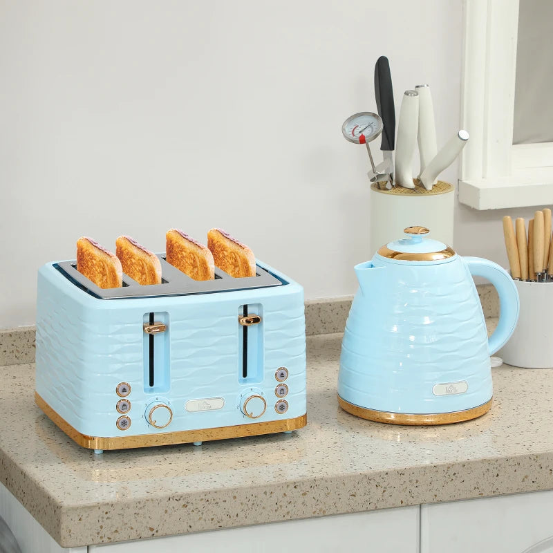 Light Blue 3000W Kettle & 4 Slice Toaster Set - 1.7L Capacity, 7 Browning Controls, Easy Clean Crumb Tray