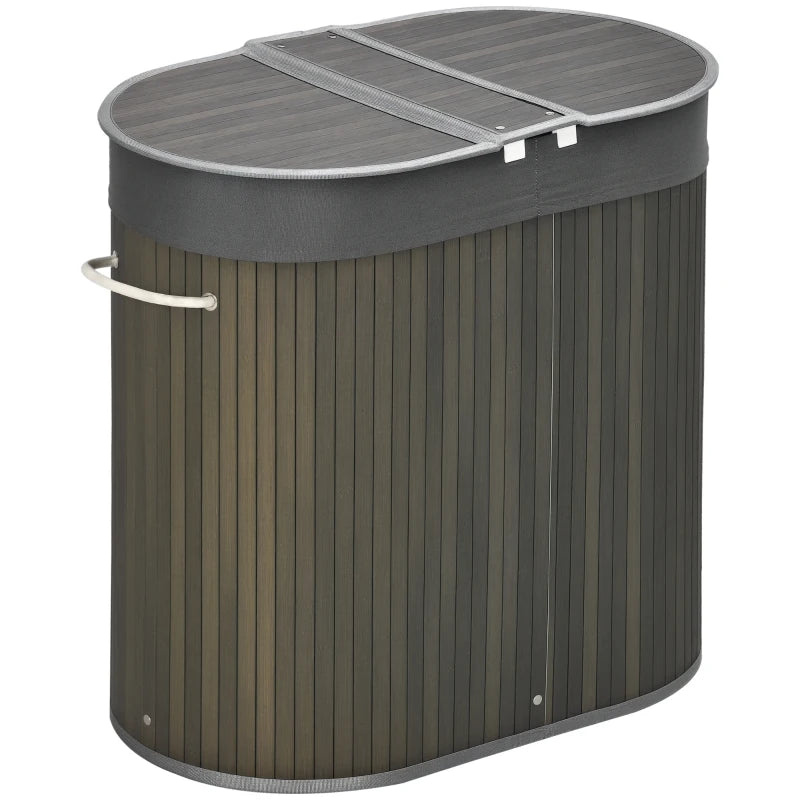 Bamboo Laundry Basket with Lid - 100L Hamper, 2 Sections, Removable Washable Lining, Grey, 62.5x37x60.5cm