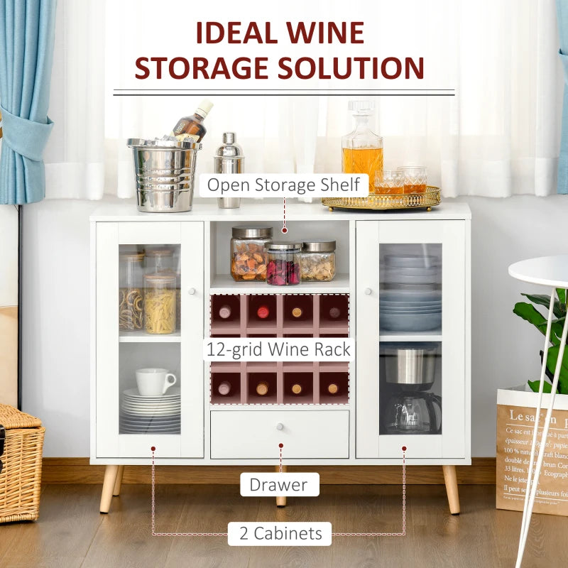 Modern White Sideboard Storage Cabinet with Glass Doors, Drawer & 12-Bottle Wine Rack for Kitchen, Dining & Living Room