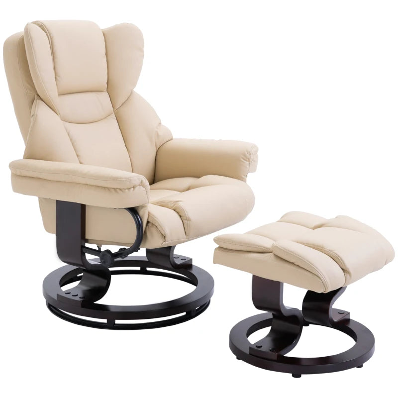 Cream Faux Leather Recliner Chair with Footstool, Swivel Armchair with Adjustable Backrest and Solid Wood Base for Living Room
