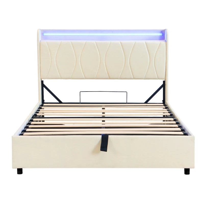 Double Upholstered Bed with LED Headboard & USB Ports - Hydraulic Storage Bed, Beige, 207x136x105 cm - Modern Charging Station