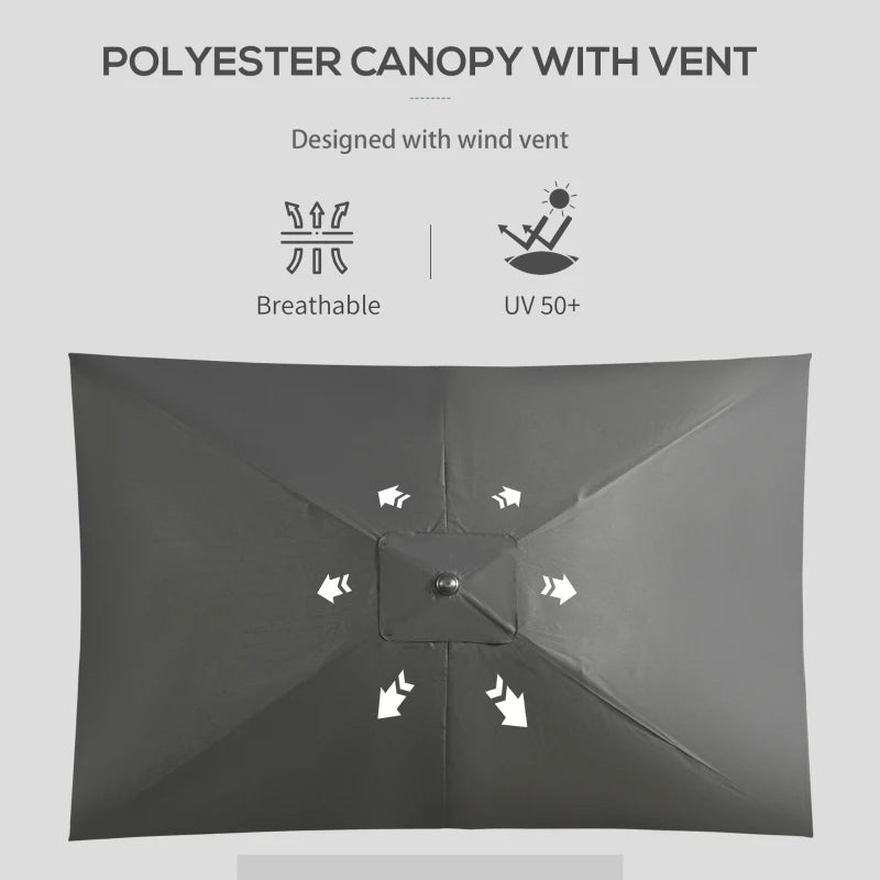 Black Rectangular Garden Parasol Umbrella, 2x3m, Crank Tilt, Aluminium Pole
