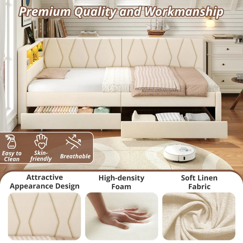 Compact Linen Daybed with Storage Drawers LED Headboard and Charging Station Beige Sofa Bed