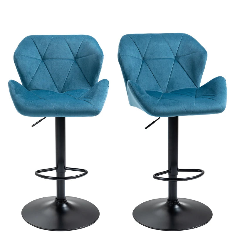 Luxurious Velvet Bar Stools Set of 2 - Adjustable Height Swivel with Metal Frame, Round Base, Blue Triangle Design