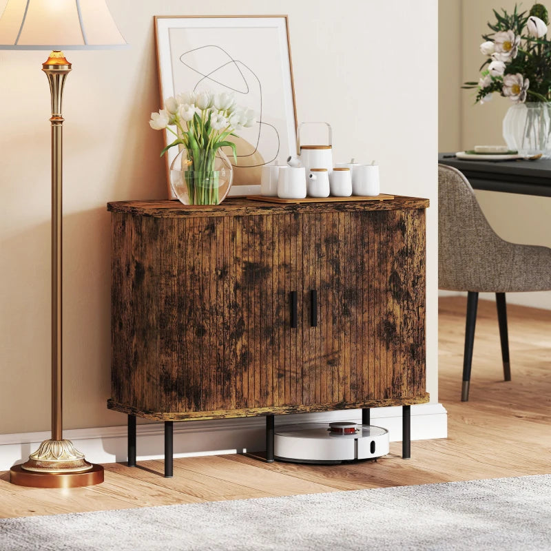 Mid-Century Modern Sideboard Storage Cabinet with Slatted Tambour Doors - Rustic Brown Kitchen Cabinet with Steel Legs