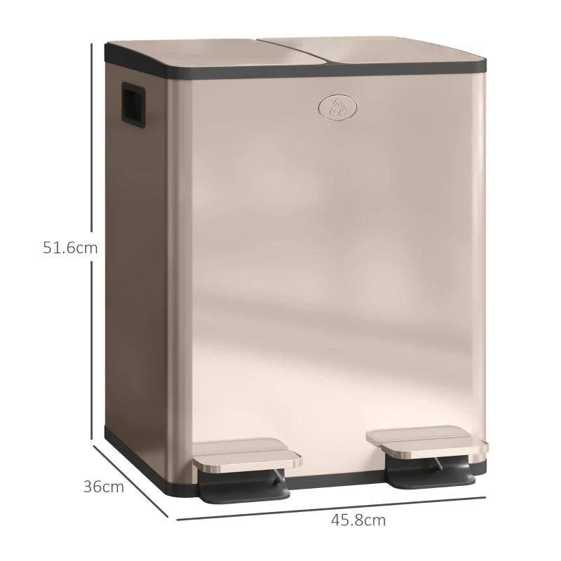 40L Dual Compartment Stainless Steel Trash Bin with Deodoriser Holders - Elegant Gold Tone for Modern Kitchens