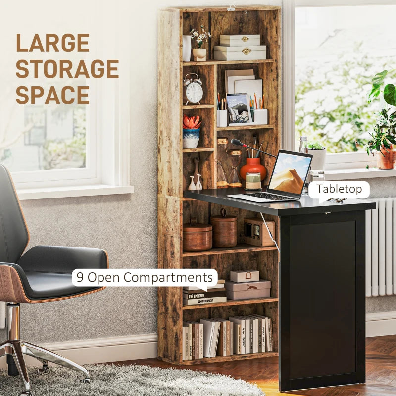 Rustic Brown Folding Desk with Blackboard - Multi-Function Computer Workstation & Side Shelf for Home Office