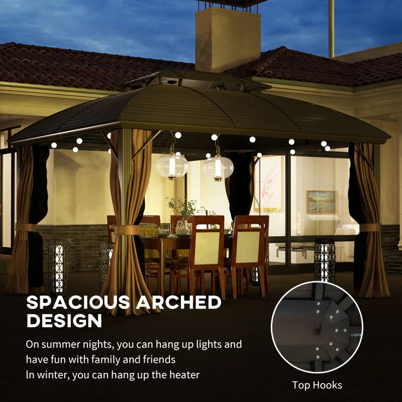 3.65m x 3m Hardtop Steel Gazebo Canopy - Aluminium Frame, Double Roof, Net Sidewalls & Curtains in Coffee