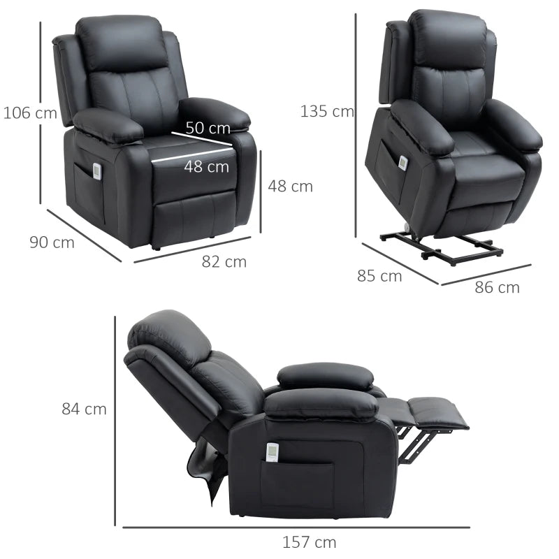 Electric Recliner Chair with Massage Function, Power Lift for Elderly, Remote Control, Extended Footrest, Dual Side Pockets, Overstuffed Design, Black