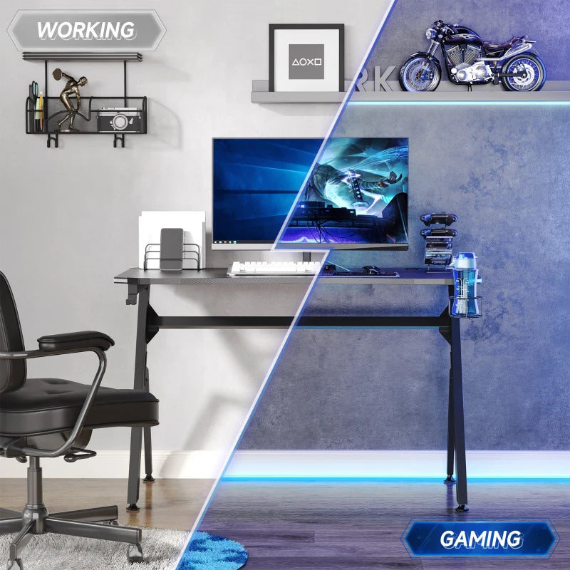 RGB Gaming Desk 120x66cm - Carbon Fibre Surface, Headphone Hook, Cup Holder & Controller Rack - Black Home Office Table