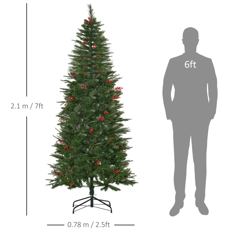 7ft Realistic Green Pencil Christmas Tree with Red Berries, Auto Open Feature - Perfect Holiday Decor
