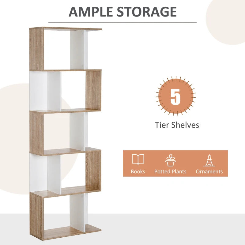 S-Shaped Wooden Bookcase - 5/6 Tier Freestanding Oak & White Bookshelf for Home Office Storage & Display, 24D x 60W x 184.5H