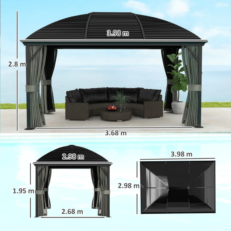 3m x 4m Hardtop Gazebo Canopy - Dark Grey Aluminium Pavilion with Metal Roof, Netting & Curtains