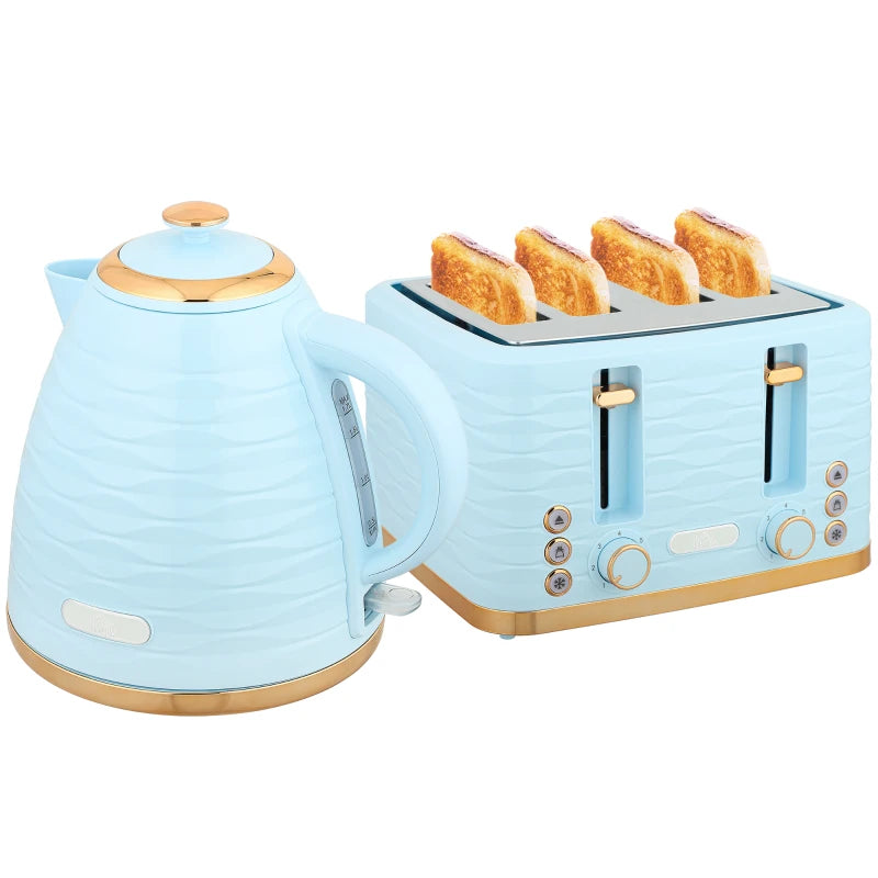 Light Blue 3000W Kettle & 4 Slice Toaster Set - 1.7L Capacity, 7 Browning Controls, Easy Clean Crumb Tray