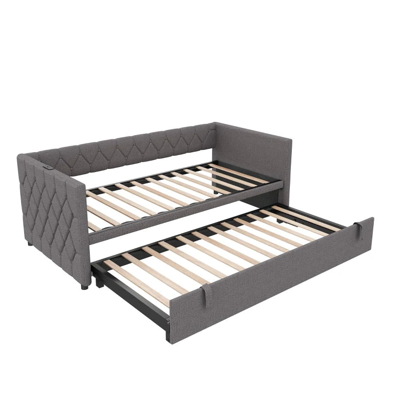 Upholstered Daybed with USB & Type-C Ports, Button-Tufted Trundle Bed for Bedroom & Study, Grey, 206L x 193W x 71H cm