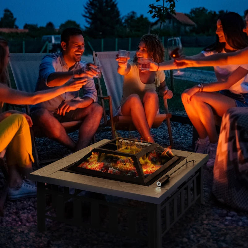 Large Square Metal Fire Pit with Cover & Grate - Outdoor BBQ Bonfire Stove for Backyard & Camping, 86x86cm, Black