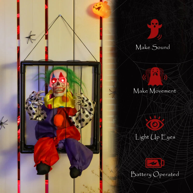 Spooky Animated Clown in Cage with LED Eyes - Scary Halloween Decoration, Battery Operated Indoor Party Prop