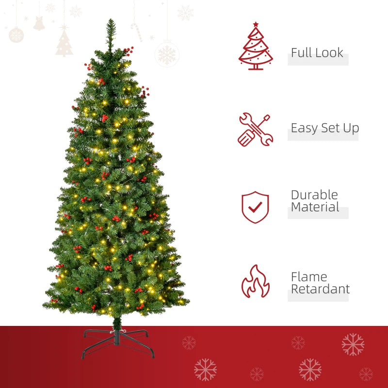 5FT Prelit Artificial Pencil Christmas Tree with Warm White LED Lights & Red Berries - Festive Holiday Home Decoration