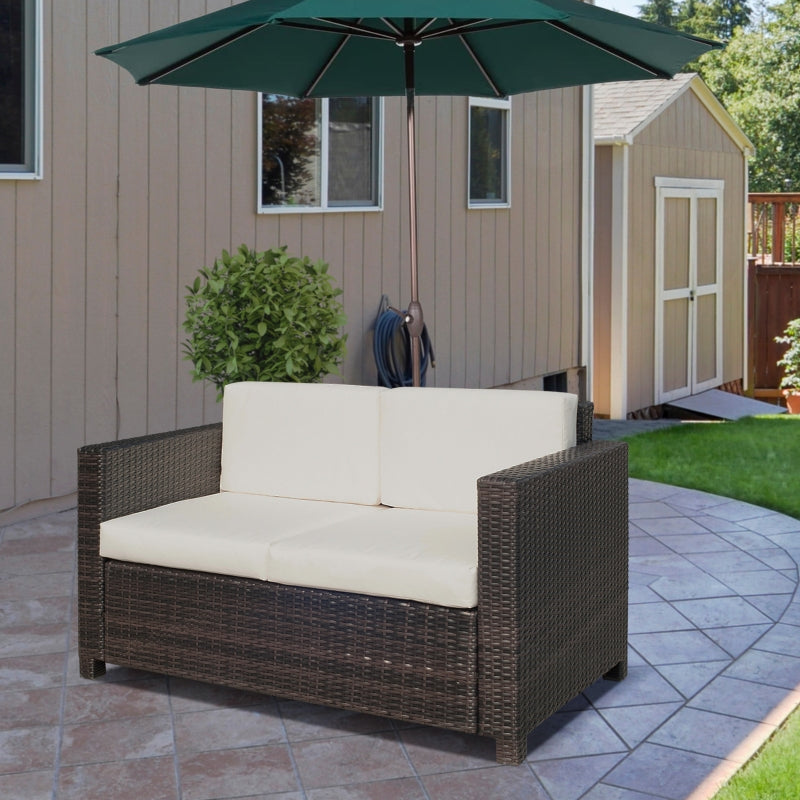 2 Seater Rattan Sofa - Mixed Brown Wicker Garden Loveseat with Soft Padded Cushions and Armrests for Patio