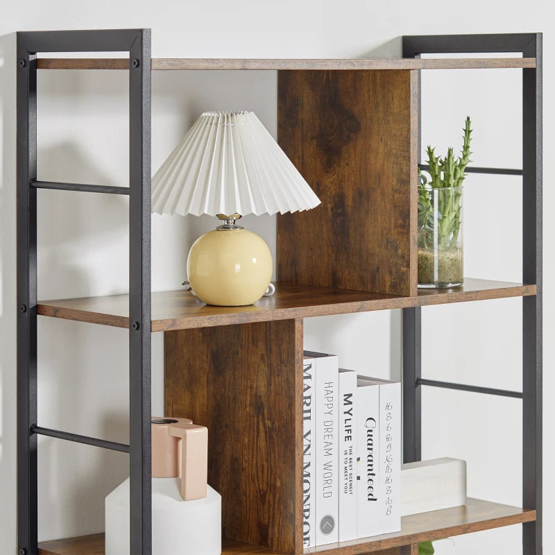 Industrial 5-Tier Storage Unit Bookcase with Open Compartments - Rustic Brown & Black for Office, Living Room, Bedroom