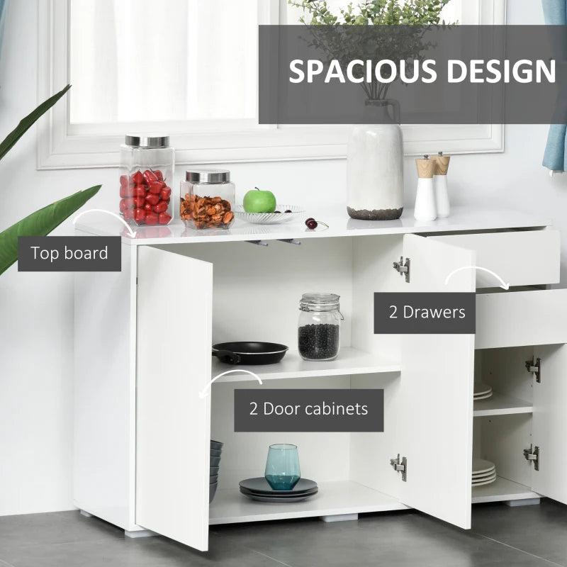 High Gloss White Side Cabinet with Push-Open Design, 2 Drawers & 2 Cabinets, 74H x 117W x 36Dcm for Living Room