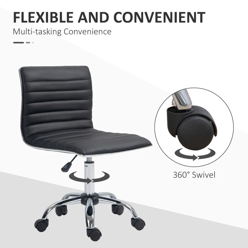 Armless Swivel Task Desk Chair with Faux Leather Adjustable Height Chrome Base and Wheels for Home Office Black