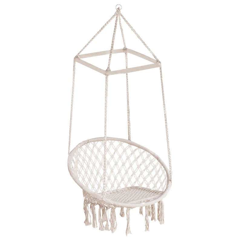 Beige Macrame Hanging Rope Chair with Tassels - Portable Garden Seat
