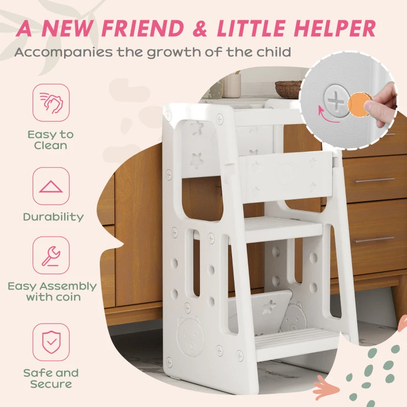 Adjustable Kids Step Stool - White Toddler Kitchen Standing Platform for Safe and Easy Access