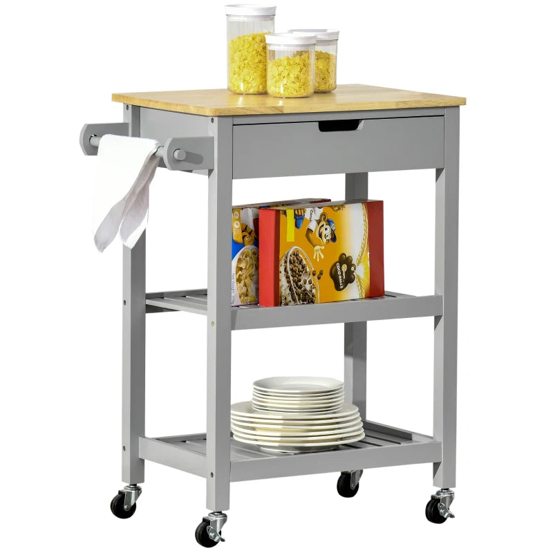Grey Kitchen Trolley Utility Cart on Wheels with Rubberwood Top, Towel Rack, Storage Shelves & Drawer for Dining Room