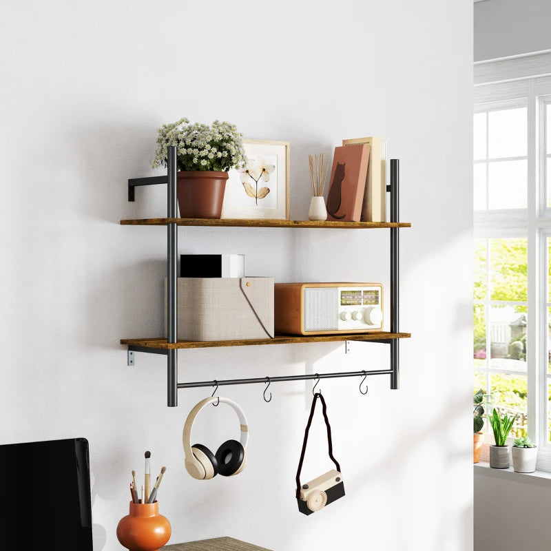 Rustic Wall Mounted Floating Shelves with 4 Hooks - Stylish Shelf Unit for Living Room & Entryway - Rustic Brown Finish