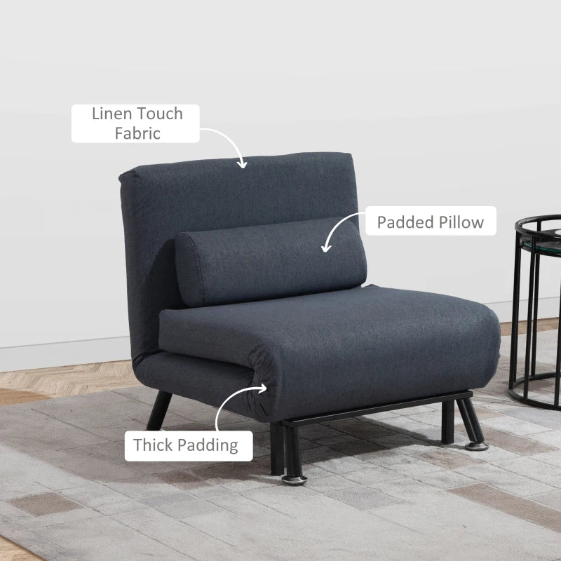 3-in-1 Convertible Sleeper Chair with Adjustable Backrest and Pillow for Living Room and Bedroom, Dark Grey Linen
