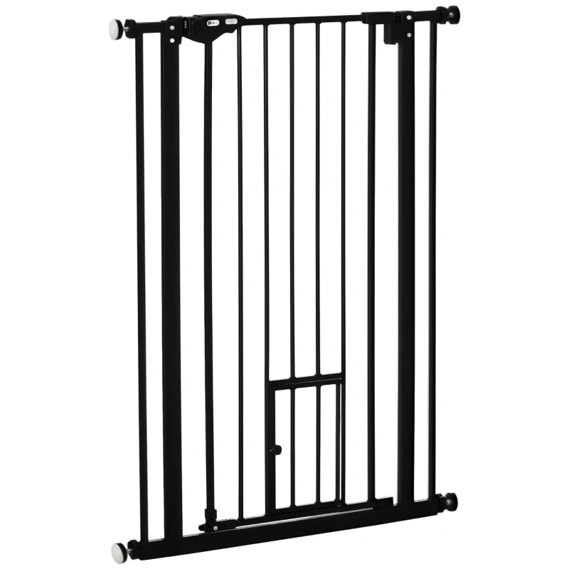 Extra Tall Indoor Dog Safety Gate with Cat Flap, Auto Close, 74-80cm Wide - Black Pet Barrier