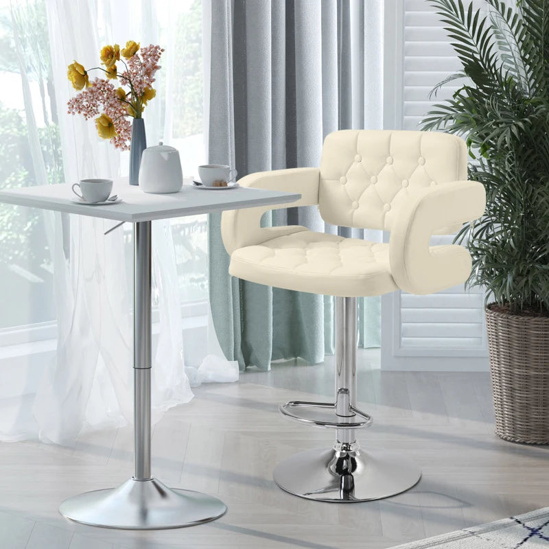 Beige PU Leather Swivel Bar Stool - Height Adjustable, Backrest, Armrests & Footrest for Comfort - Modern Design