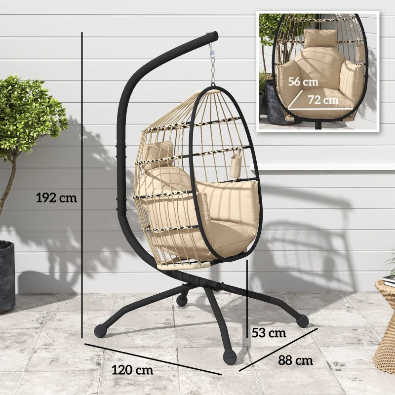Hanging Egg Chair - Khaki - Outdoor Indoor Garden Swing Chair with Stand, Folding Basket, Thickened Cushion, Headrest & Cup Holder - Perfect for Patio & Balcony