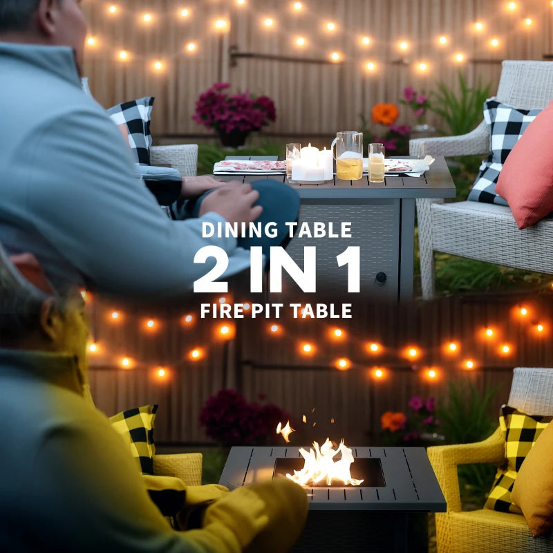 Square Grey Rattan-style Propane Gas Fire Pit Table - 40,000 BTU Smokeless Patio Heater with Thermocouple, Lava Rocks, Waterproof Cover, Spark Guard and Lid