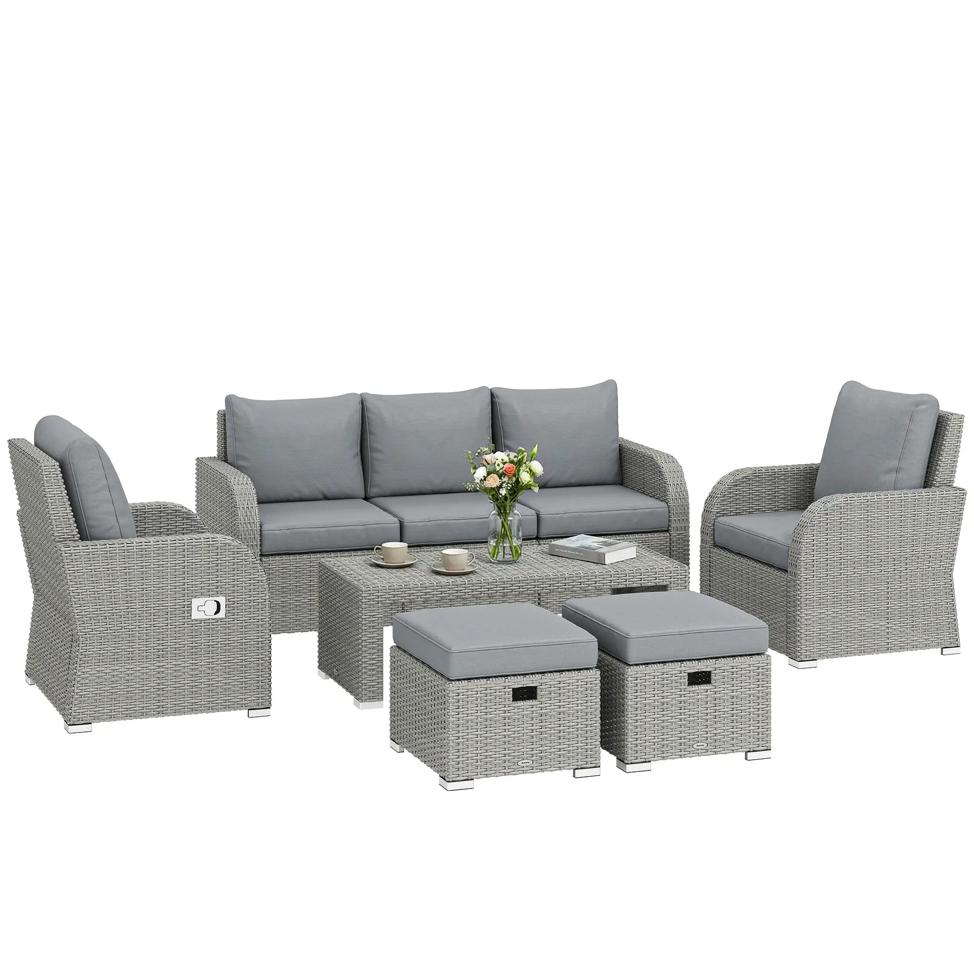 Dark Grey 6-Piece Rattan Garden Lounge Set with Reclining Armchairs, Hidden Footstools & Coffee Table