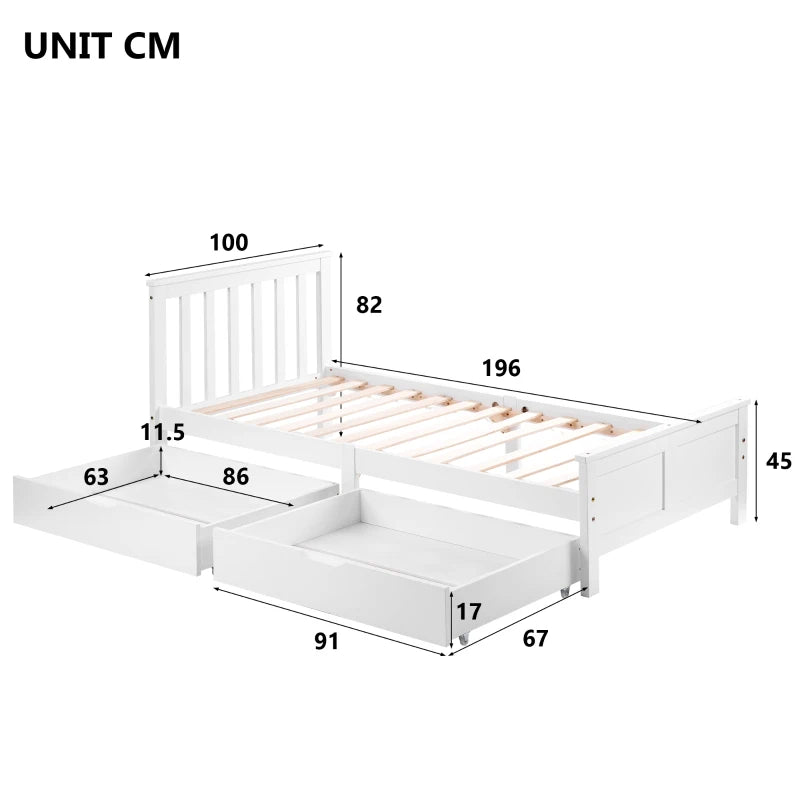 Wooden Solid Pine Divan Storage Bed with Drawers - Single 3ft, 196x100x82 cm, Stylish White Finish