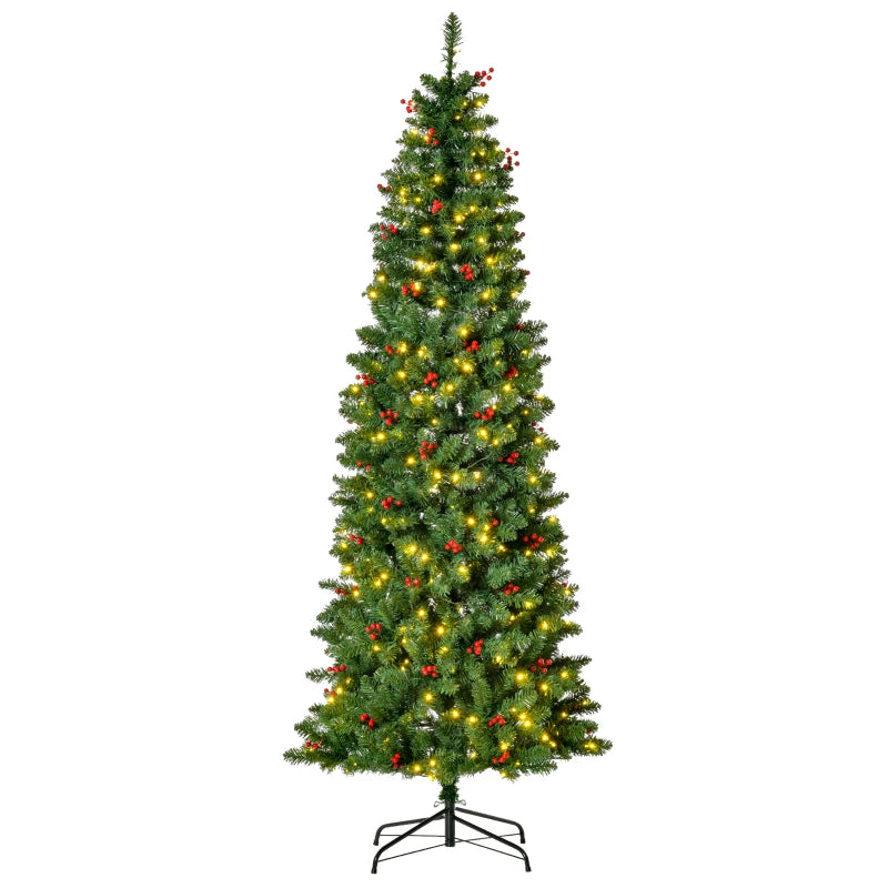 7FT Prelit Artificial Pencil Christmas Tree with Warm White LED Lights & Red Berries - Festive Holiday Home Decoration