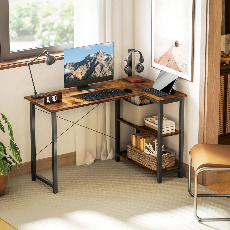 Rustic Brown L Shaped Desk with Bookshelf - Corner Computer Desk for Home Office & Study Room, 120x73.2x75cm