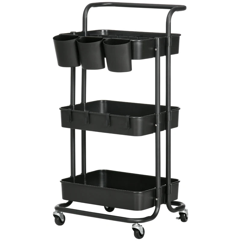 Versatile Black Three-Tier Home Trolley with Handle & Wheels - Perfect for Kitchen, Living Room, or Office Storage