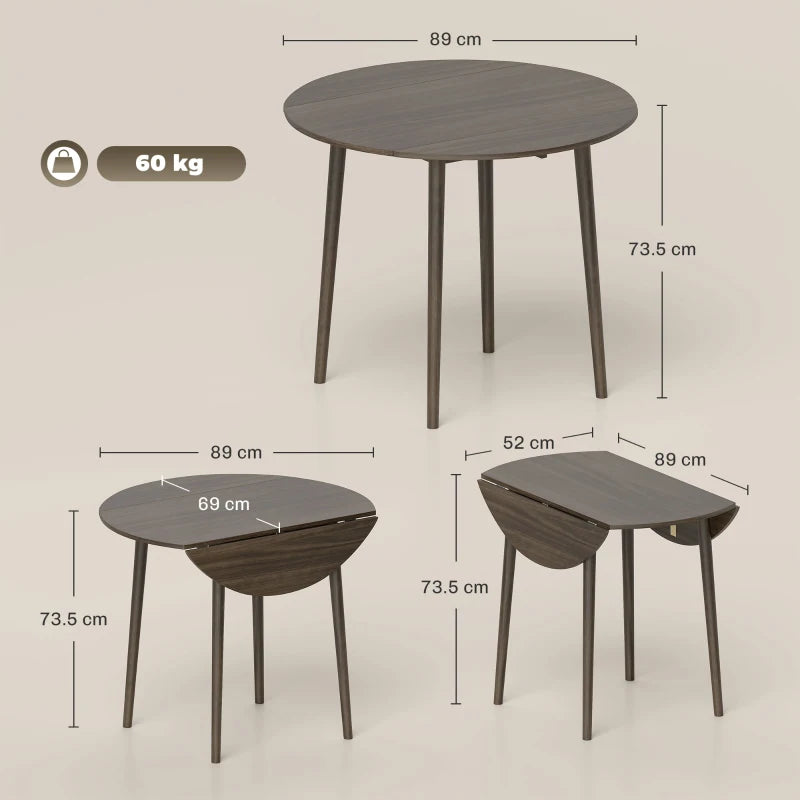 Modern Round Folding Dining Table for 4 - Space-Saving Drop Leaf Kitchen Table with Wood Legs in Grey
