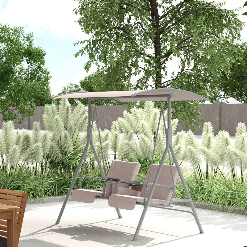 Beige 2-Seater Garden Swing Chair with Tilting Canopy, Double Padded Seats, Storage Bag and Tray