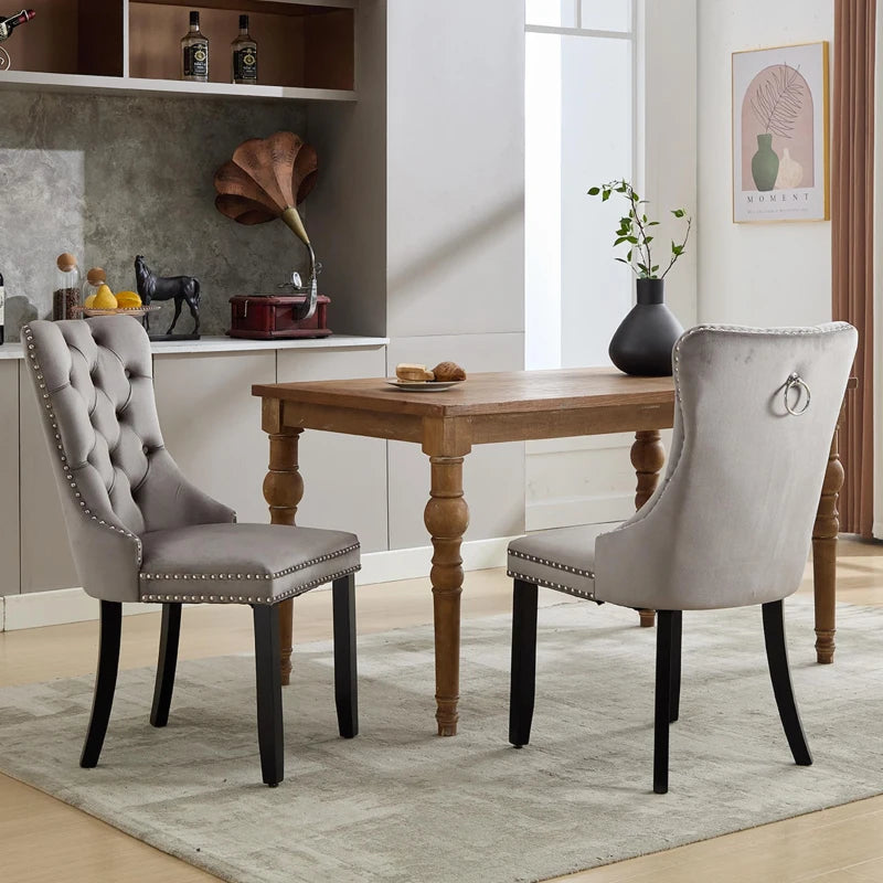Set of 6 Grey Velvet Dining Chairs - Button Tufted Backrest, Wingback Design, Solid Wood Legs, Foot Pads - 50L x 64W x 96H cm
