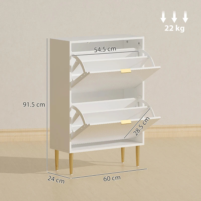 Narrow White Shoe Cabinet with 2 Flip Drawers for Space Saving Storage