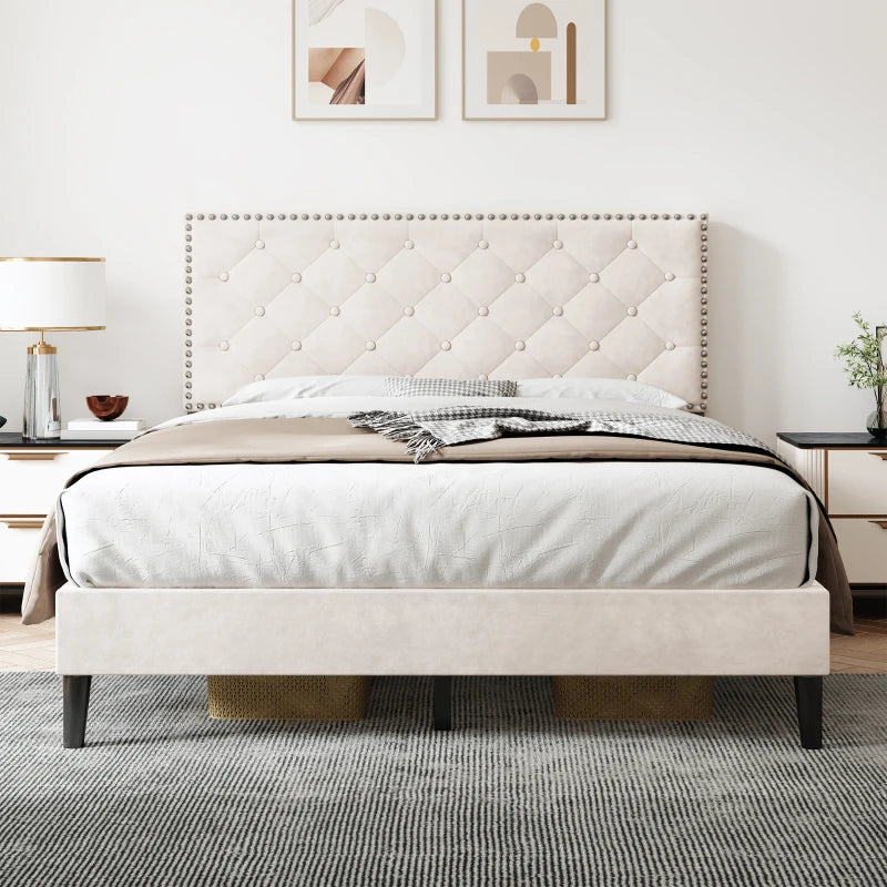 Double Upholstered Velvet Bedstead with Button-Tufted Headboard - Noise-Free, Solid Wood Slats, Beige, 193L x 141W x 110H cm